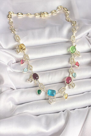 Pirinç Gold Renk Renli Zirkon Taşlı VIP Seri Kadın Kolye