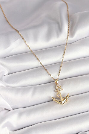 316L Çelik Gold Renk Zincir Zirkon Taş Detaylı Çapa Model Kadın Kolye