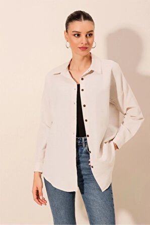 Krem Düz Oversize Uzun Basic Gömlek 3900