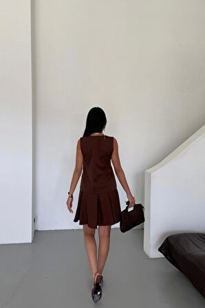 YELEK - PİLELİ ETEK GÖRÜNÜMLÜ ELBİSE - Kahverengi