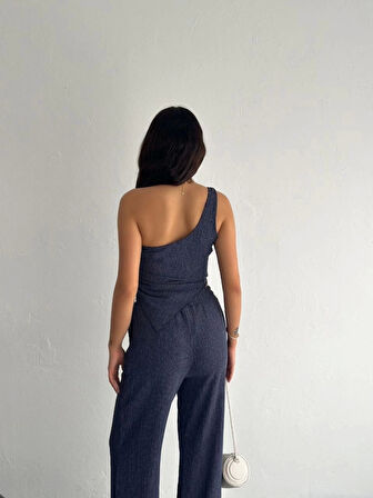 Asimetrik Crop Pantalon Ikili Takım - Lacivert