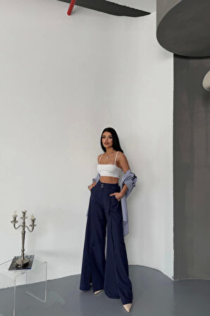 SALAŞ ÖNDEN YIRTMAÇ DETAYLI BEL KEMERLİ PANTOLON - Lacivert