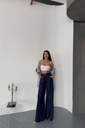 SALAŞ ÖNDEN YIRTMAÇ DETAYLI BEL KEMERLİ PANTOLON - Lacivert