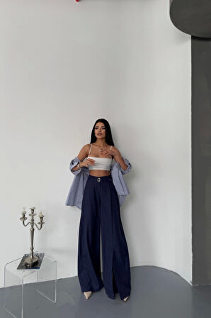 SALAŞ ÖNDEN YIRTMAÇ DETAYLI BEL KEMERLİ PANTOLON - Lacivert