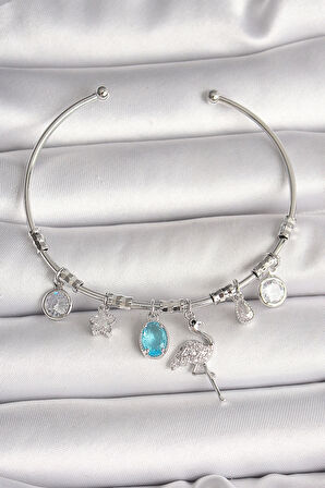 Pirinç Gümüş Renk Sallantı Zirkon Taşlı Filaminga Figür Charm Kadın Bileklik