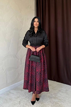 Bordo Leopar Büzgülü Uzun Etek