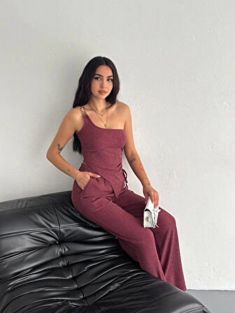 Asimetrik Crop Pantalon Ikili Takım - Gül Kurusu