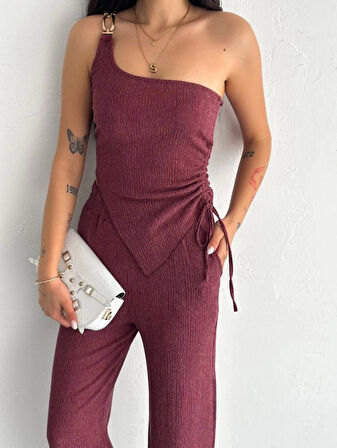 Asimetrik Crop Pantalon Ikili Takım - Gül Kurusu