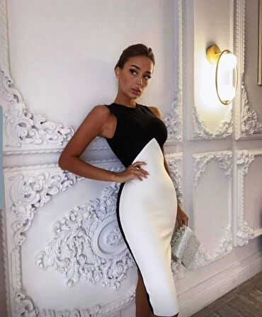 Kadın Bisiklet Yaka Kolsuz çift Renk Detay Midi Boy Elbise