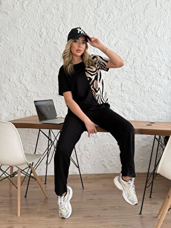 Kadın Bisiklet Yaka Kısa Kol Leopar Desen Bluz Ve Pantolon Ikili Takım