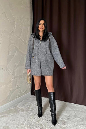 Gri Armalı Kapşonlu Peluş Ceket