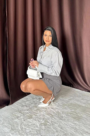 Füme Düğme Detaylı Pileli Etek