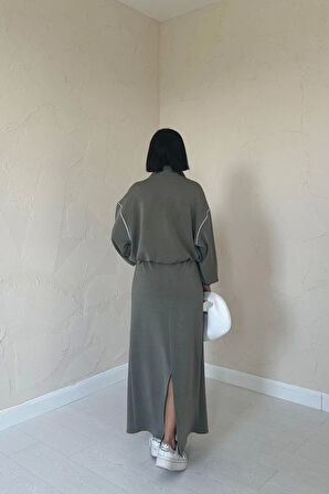 Haki Biyeli Sweatshirt Ve Etek Takım