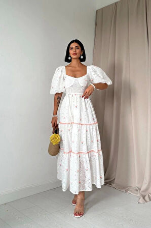 Pudra Dantel Detaylı Brode Elbise