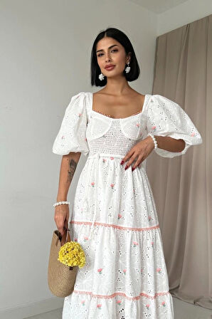 Pudra Dantel Detaylı Brode Elbise