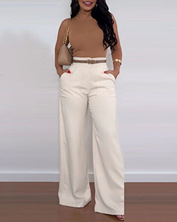 Kadın Yüksek Bel Geniş Paça Detaylı Cepli Ithal Krep Pantolon