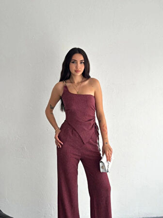 Asimetrik Crop Pantalon Ikili Takım - Gül Kurusu