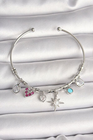 Pirinç Gümüş Renk Sallantı Zirkon Taşlı Kutup Yıldız Figür Kalp Detay Charm Kadın Bileklik