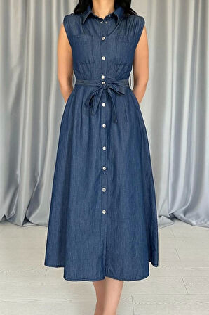 Mavi Tencel Çıtçıtlı Elbise