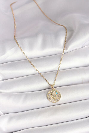 316L Çelik Gold Renk Zincir Zirkon Taş İşlemeli Mavi Taş Detaylı Madalyon Model Kadın Kolye