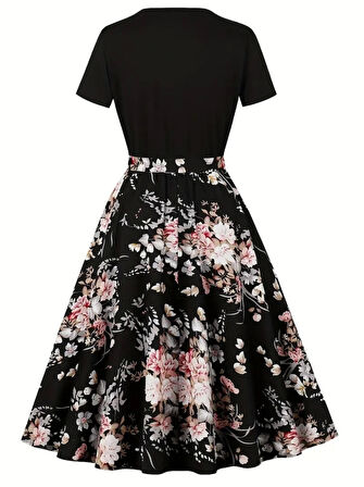 Kadın Kısa Kollu Bisiklet Yaka çiçek Desenli üst Viskon Alt Süprem Kısa Elbise