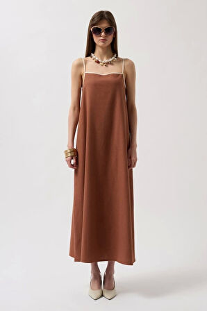 Şerit Detay Keten Maxi Elbise