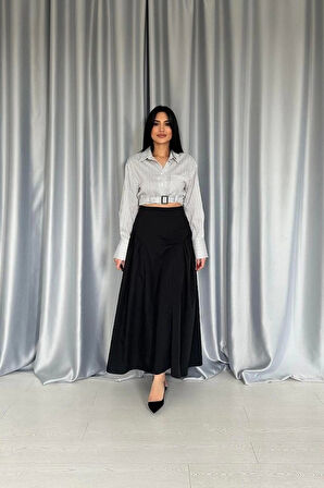 Siyah Yanları Büzgülü Uzun Etek