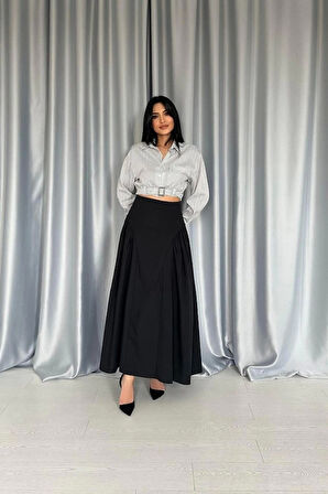 Siyah Yanları Büzgülü Uzun Etek
