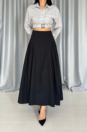 Siyah Yanları Büzgülü Uzun Etek