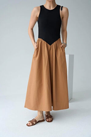 İki Renkli Elbise - Siyah-Taba