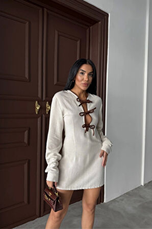 KISA ELBİSE ÖN BİYE BAĞLAMA DETAYLI - Ham