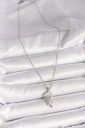 316L Çelik Gümüş Renk Zincir Zirkon Taşlı Kedi Model Kadın Kolye