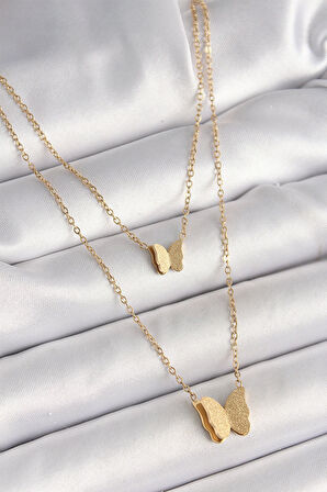 316L Çelik Gold Renk 2'Li Simli Kelebek Model Kadın Kolye