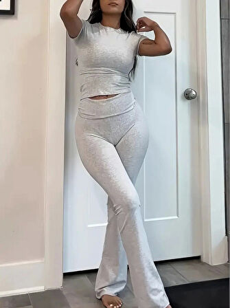 Kadın Kısa Kollu Bisiklet Yaka Alt Ispanyol Paça Viskon Ikili Takım