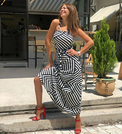 Kadın Ayarlanabilir Askılı Geometrik Desen Kuşaklı Gipeli Süprem Elbise