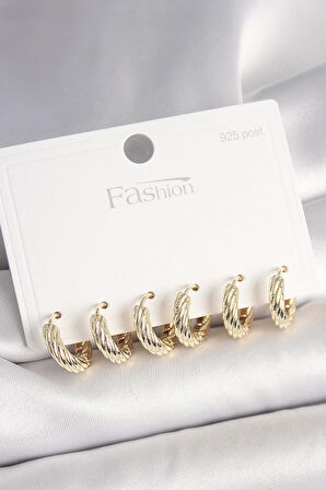 925 Ayar Gümüş Çivi Pirinç Gold Renk İşlemeli Halka Model Kadın Küpe Seti