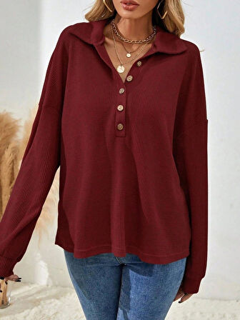 Kadın Uzun Kollu Yakalı Düğmeli Salaş Waffle Bluz