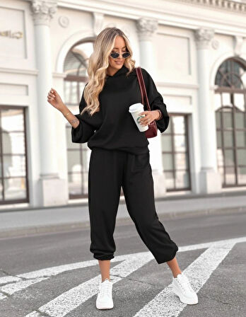 Kadın Uzun Kollu Kapşonlu Viskon Iki Iplik Bluz Ve Pantolon Ikili Takım