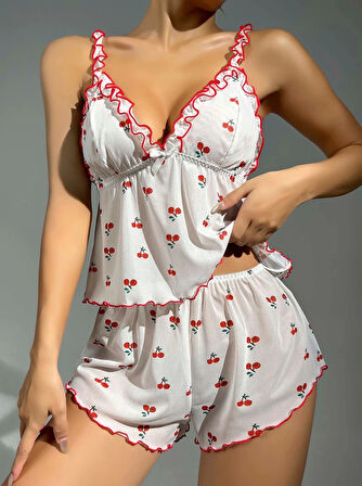 Kadın Kiraz Desenli Fırfırlı Şortlu Gecelik Takım 5101