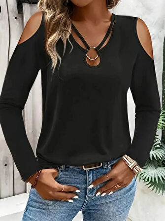 Kadın Omuzlardan Açık Uzun Kollu Yakadan Halka şerit Detaylı Viskon Bluz