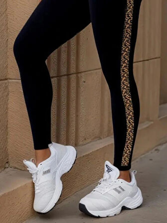 Kadın Yüksek Bel Yandan Leopar Desen Detaylı Dalgıç Tayt