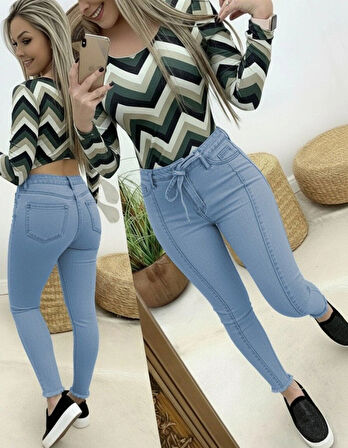 Kadın Yüksek Bel Belden Kuşaklı Yırtık Detaylı Kot Pantolon