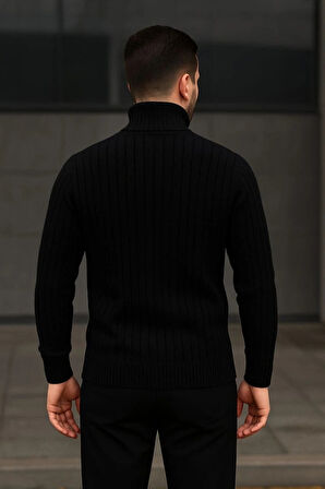 Erkek Fitilli Triko Kazak 2li Set Bej Siyah Regular Balıkcı Yaka Tam Boğazlı Triko Seti Modeli Kazak