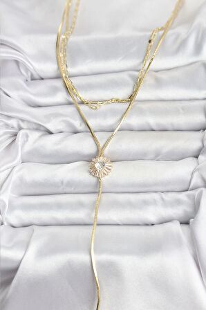 Pirinç Gold Renk Zirkon Taşlı Papatya Model Detaylı 3'lü Kombin Y Kadın Kolye