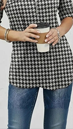 Kadın Uzun Kollu Hakim Yaka Yakadan Fermuarlı Geometrik Desenli Süprem Bluz