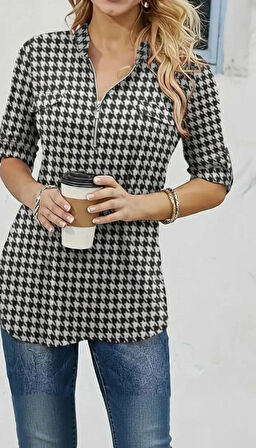 Kadın Uzun Kollu Hakim Yaka Yakadan Fermuarlı Geometrik Desenli Süprem Bluz
