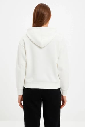 Oversize Kapüşonlu Sweatshirt Hoodie 3 İplik Şardonlu Pamuklu Kumaş, Önü Baskılı, Fermuarlı Rahat Kalıp, Kışlık Ve Sokak Stili Sweat - Beyaz