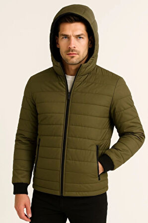 Erkek Şişme Kapüşonlu Fermuarlı Mont Su Itici Kapitone Astarlı Kumaş Cepli Kışlık Rahat Kalıp - Haki