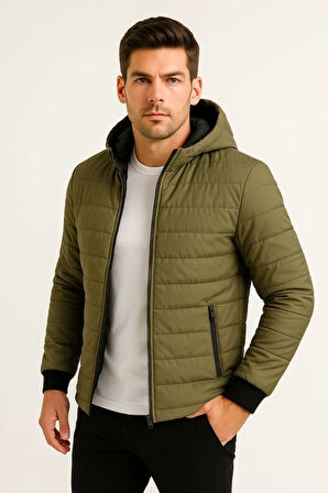 Erkek Şişme Kapüşonlu Fermuarlı Mont Su Itici Kapitone Astarlı Kumaş Cepli Kışlık Rahat Kalıp - Haki