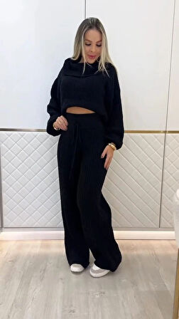 Kadın Uzun Kollu Balıkçı Yaka Kısa Triko Bluz Ve Pantolon Ikili Takım